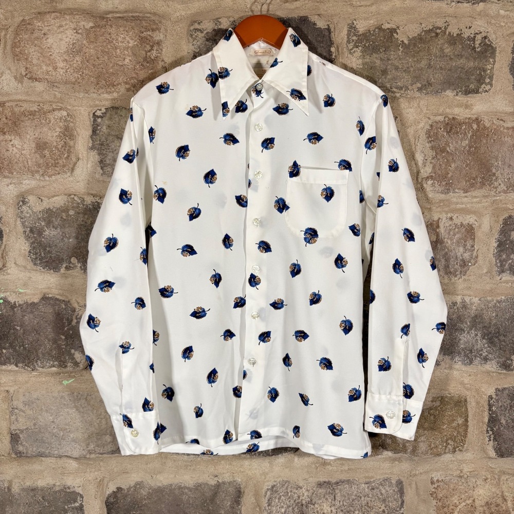VTG Kings‎ Road Men's White Blue Leaf Print Button Down Shirt Long Sleeve Medium